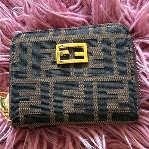 Zucca Print Zip Wallet in Black and Brown with Gold Accent